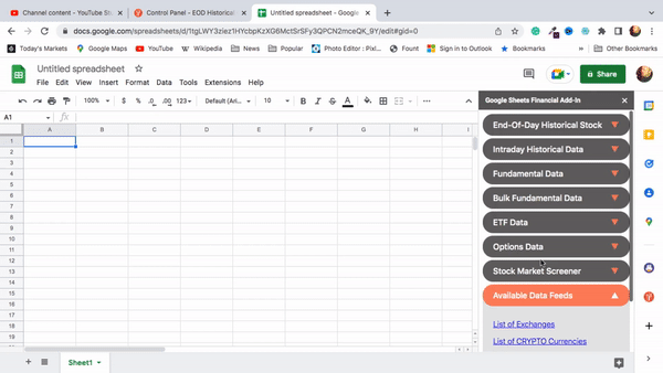 EODHD Google Sheets Add-In Financial Data Options