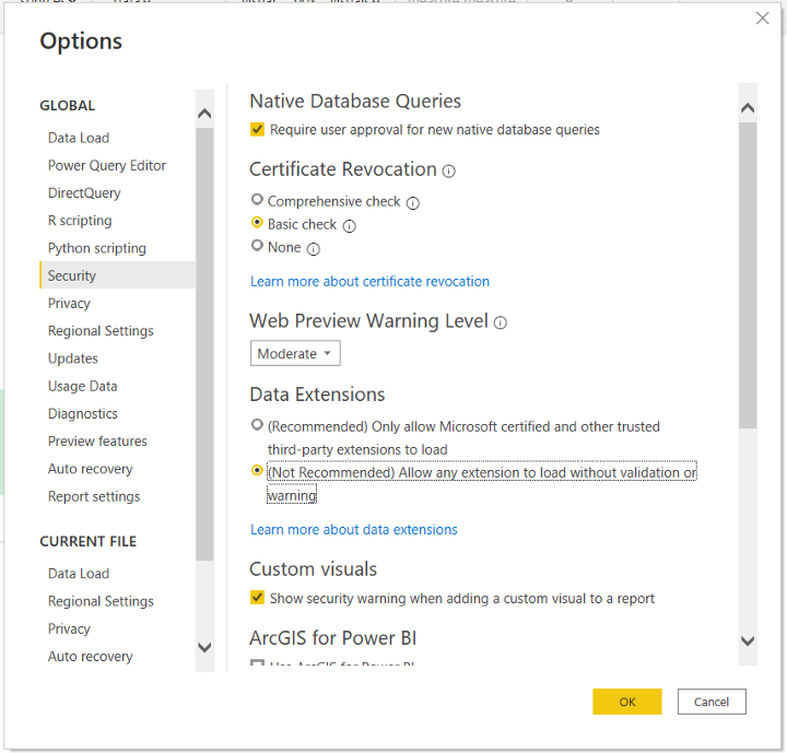 Power BI Options and settings Data Extensions