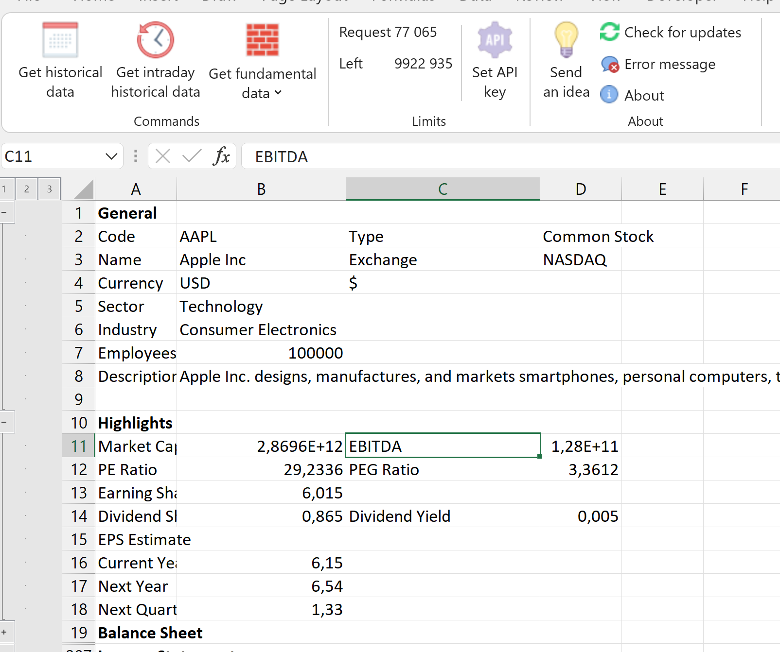 Excel Add-In for Financial Fundamental, EOD and Intraday Data.